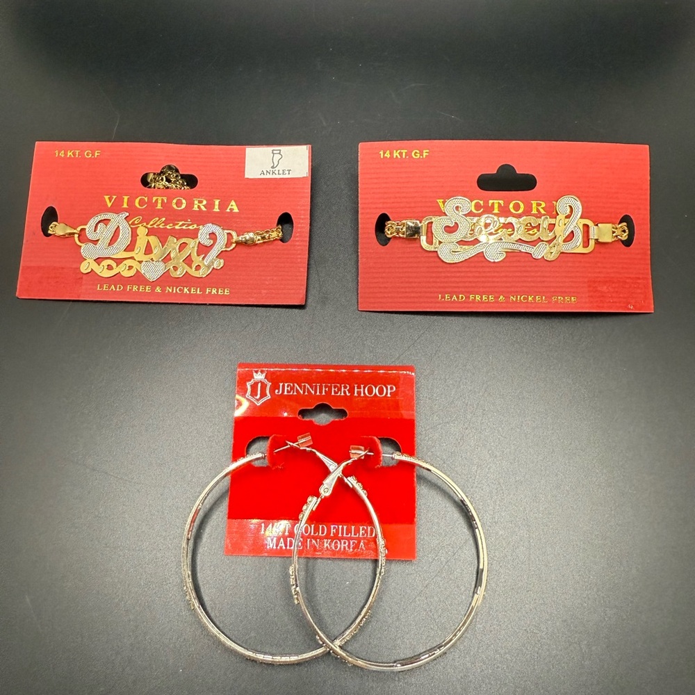 Victorian Collection 14KT GF Anklet & Bracelet plus Jennifer Loop Earrings Four